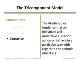 The Tricomponent Model
• Cognitive
• Affective
• Conative
The likelihood or
tendency that an
individual will
undertake a specific
action or behave in a
particular way with
regard to the attitude
object e.g.
Components
19Copyright 2010 Pearson Education, Inc. Publishing as Prentice Hall Chapter Eight Slide
 