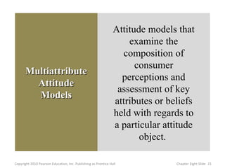 MultiattributeMultiattribute
AttitudeAttitude
ModelsModels
Attitude models that
examine the
composition of
consumer
perceptions and
assessment of key
attributes or beliefs
held with regards to
a particular attitude
object.
21Copyright 2010 Pearson Education, Inc. Publishing as Prentice Hall Chapter Eight Slide
 