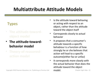 Multiattribute Attitude Models
• The attitude-toward-
object model
• The attitude-toward-
behavior model
• Theory-of-reasoned-
action model
• Is the attitude toward behaving
or acting with respect to an
object, rather than the attitude
toward the object itself
• Corresponds closely to actual
behavior
• It proposes that a consumer’s
attitude towards a specific
behabiour is a function of how
strongly he or she believes that
action will lead to a specific
outcome(either fav or unfav)
• It corresponds more closely with
the actual behavior than does the
attitude toward the object
model.
Types
23Copyright 2010 Pearson Education, Inc. Publishing as Prentice Hall Chapter Eight Slide
 