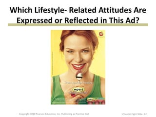 Which Lifestyle- Related Attitudes Are
Expressed or Reflected in This Ad?
42Copyright 2010 Pearson Education, Inc. Publishing as Prentice Hall Chapter Eight Slide
 