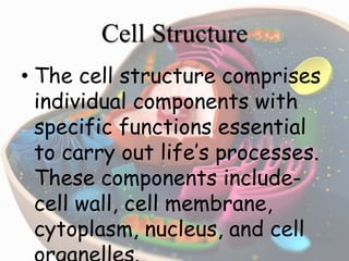 Cell Structure
• The cell structure comprises
individual components with
specific functions essential
to carry out life’s processes.
These components include-
cell wall, cell membrane,
cytoplasm, nucleus, and cell
 