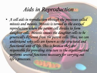 Aids in Reproduction
• A cell aids in reproduction through the processes called
mitosis and meiosis. Mitosis is termed as the asexual
reproduction where the parent cell divides to form
daughter cells. Meiosis causes the daughter cells to be
genetically different from the parent cells. Thus, we can
understand why cells are known as the structural and
functional unit of life. This is because they are
responsible for providing structure to the organisms and
performs several functions necessary for carrying out
life’s processes.
 