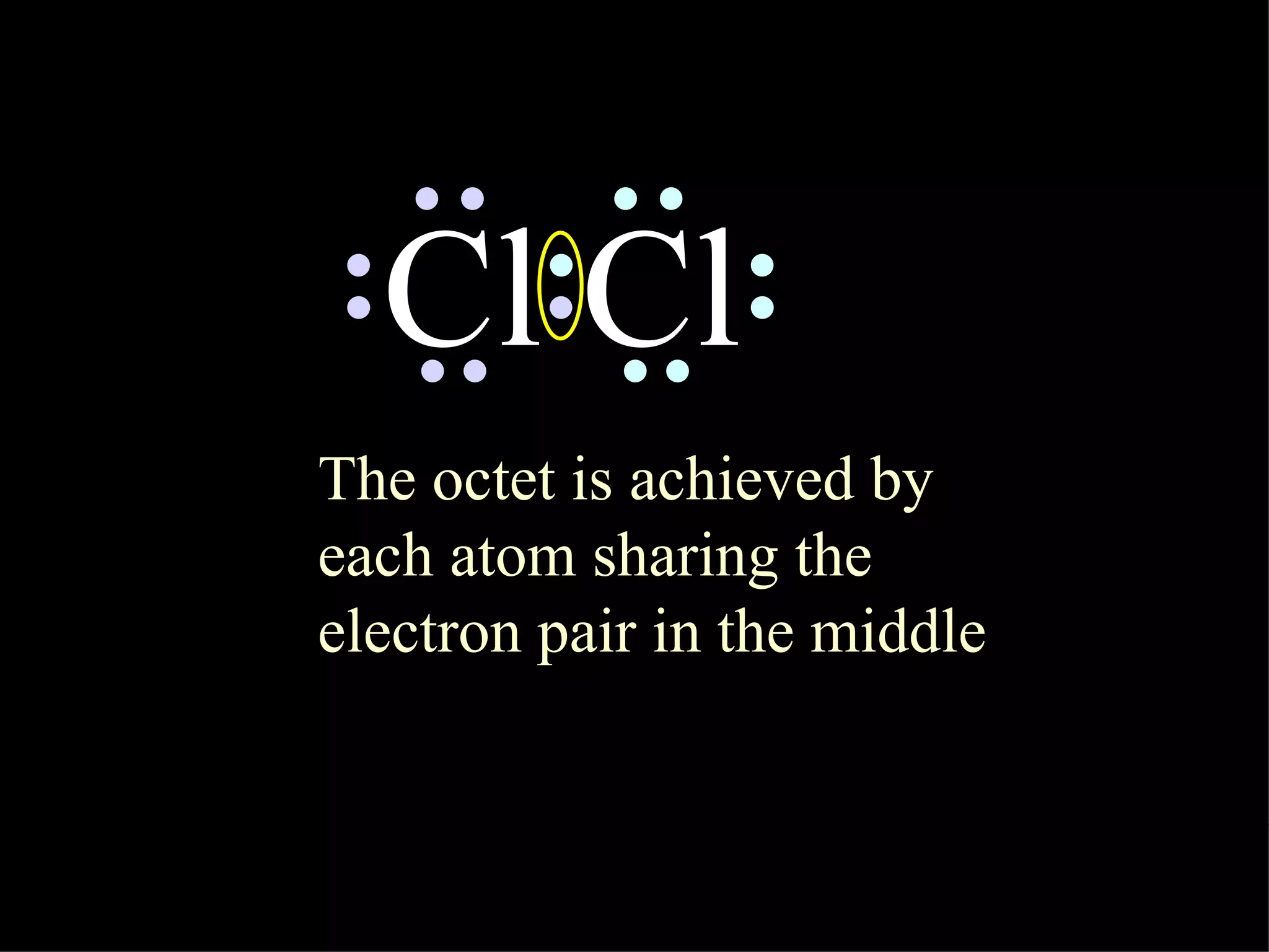 Cl Cl circle the electrons for each atom that completes their octets The octet is achieved by each atom sharing the electron pair in the middle 