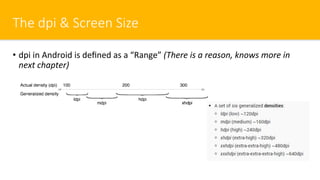 The dpi & Screen Size
•  dpi in Android is deﬁned as a “Range” (There is a reason, knows more in
next chapter)
 