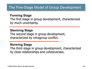 © 2005 Prentice Hall Inc. All rights reserved. 8–5
The Five-Stage Model of Group Development
Forming Stage
The first stage in group development, characterized
by much uncertainty.
Storming Stage
The second stage in group development,
characterized by intragroup conflict.
Norming Stage
The third stage in group development, characterized
by close relationships and cohesiveness.
 