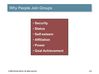 © 2005 Prentice Hall Inc. All rights reserved. 8–4
Why People Join Groups
• Security
• Status
• Self-esteem
• Affiliation
• Power
• Goal Achievement
 