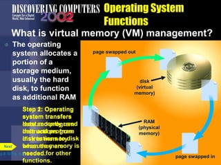 RAM
(physical
memory)
disk
(virtual
memory)
page swapped out
RAM
(physical
memory)
disk
(virtual
memory)
Step 1: Operating
system transfers
least recently used
data and program
instructions to disk
because memory is
needed for other
functions.
page swapped in
page swapped out
RAM
(physical
memory)
disk
(virtual
memory)
Step 2: Operating
system transfers
data and program
instructions from
disk to memory
when they are
needed.
Operating System
Functions
What is virtual memory (VM) management?
 The operating
system allocates a
portion of a
storage medium,
usually the hard
disk, to function
as additional RAM
p.8.10 Fig. 8-9
Next
 
