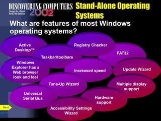 FAT32
Registry Checker
Stand-Alone Operating
Systems
What are features of most Windows
operating systems?
p.8.18
Next
Active
Desktop™
Taskbar/toolbars
Windows
Explorer has a
Web browser
look and feel
Increased speed
Tune-Up Wizard
Universal
Serial Bus
Update Wizard
Multiple display
support
Hardware
support
Accessibility Settings
Wizard
 