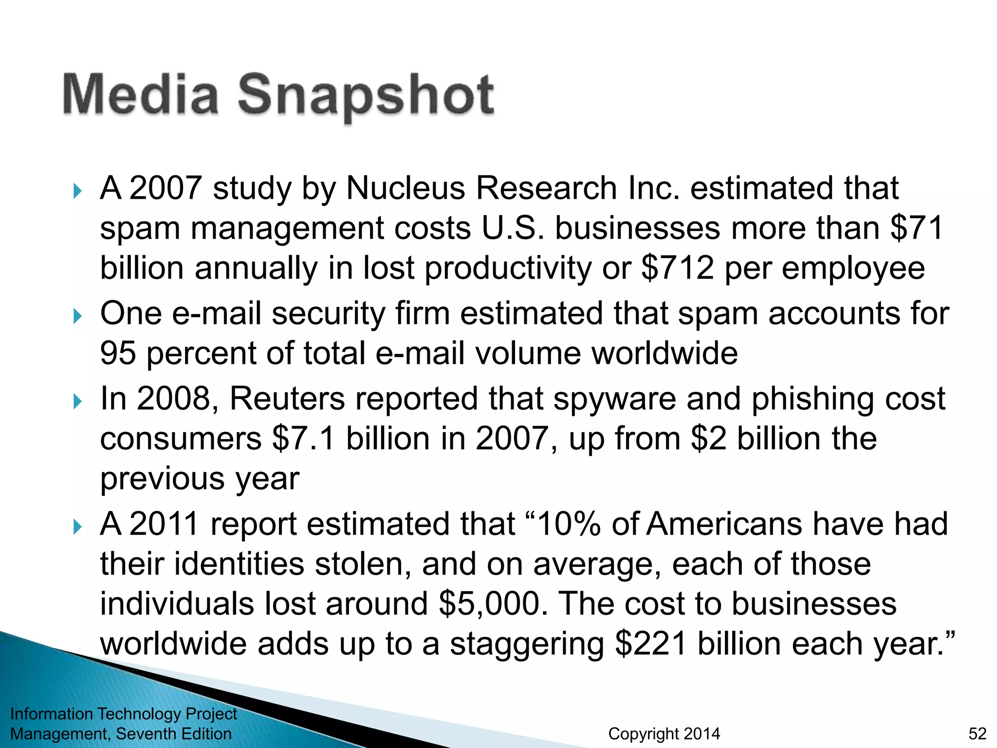 Copyright 2014
 A 2007 study by Nucleus Research Inc. estimated that
spam management costs U.S. businesses more than $71
billion annually in lost productivity or $712 per employee
 One e-mail security firm estimated that spam accounts for
95 percent of total e-mail volume worldwide
 In 2008, Reuters reported that spyware and phishing cost
consumers $7.1 billion in 2007, up from $2 billion the
previous year
 A 2011 report estimated that “10% of Americans have had
their identities stolen, and on average, each of those
individuals lost around $5,000. The cost to businesses
worldwide adds up to a staggering $221 billion each year.”
Information Technology Project
Management, Seventh Edition 52
 