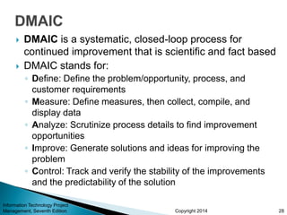 Copyright 2014
 DMAIC is a systematic, closed-loop process for
continued improvement that is scientific and fact based
 DMAIC stands for:
◦ Define: Define the problem/opportunity, process, and
customer requirements
◦ Measure: Define measures, then collect, compile, and
display data
◦ Analyze: Scrutinize process details to find improvement
opportunities
◦ Improve: Generate solutions and ideas for improving the
problem
◦ Control: Track and verify the stability of the improvements
and the predictability of the solution
Information Technology Project
Management, Seventh Edition 28
 