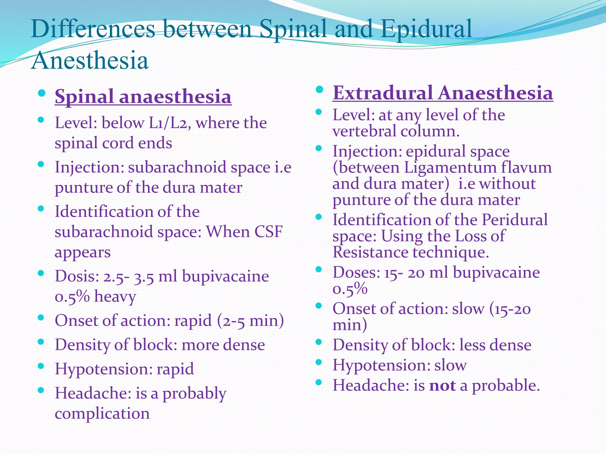 Differences between Spinal and Epidural
Anesthesia
 Spinal anaesthesia
 Level: below L1/L2, where the
spinal cord ends
 Injection: subarachnoid space i.e
punture of the dura mater
 Identification of the
subarachnoid space: When CSF
appears
 Dosis: 2.5- 3.5 ml bupivacaine
0.5% heavy
 Onset of action: rapid (2-5 min)
 Density of block: more dense
 Hypotension: rapid
 Headache: is a probably
complication
 Extradural Anaesthesia
 Level: at any level of the
vertebral column.
 Injection: epidural space
(between Ligamentum flavum
and dura mater) i.e without
punture of the dura mater
 Identification of the Peridural
space: Using the Loss of
Resistance technique.
 Doses: 15- 20 ml bupivacaine
0.5%
 Onset of action: slow (15-20
min)
 Density of block: less dense
 Hypotension: slow
 Headache: is not a probable.
 
