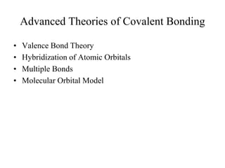 Advanced Theories of Covalent Bonding
• Valence Bond Theory
• Hybridization of Atomic Orbitals
• Multiple Bonds
• Molecular Orbital Model
 