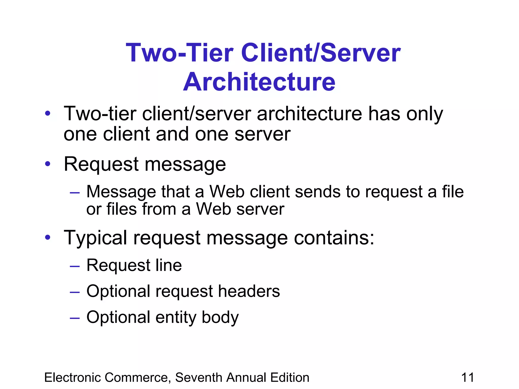 Two-Tier Client/Server Architecture Two-tier client/server architecture has only one client and one server Request message Message that a Web client sends to request a file or files from a Web server Typical request message contains: Request line Optional request headers Optional entity body 