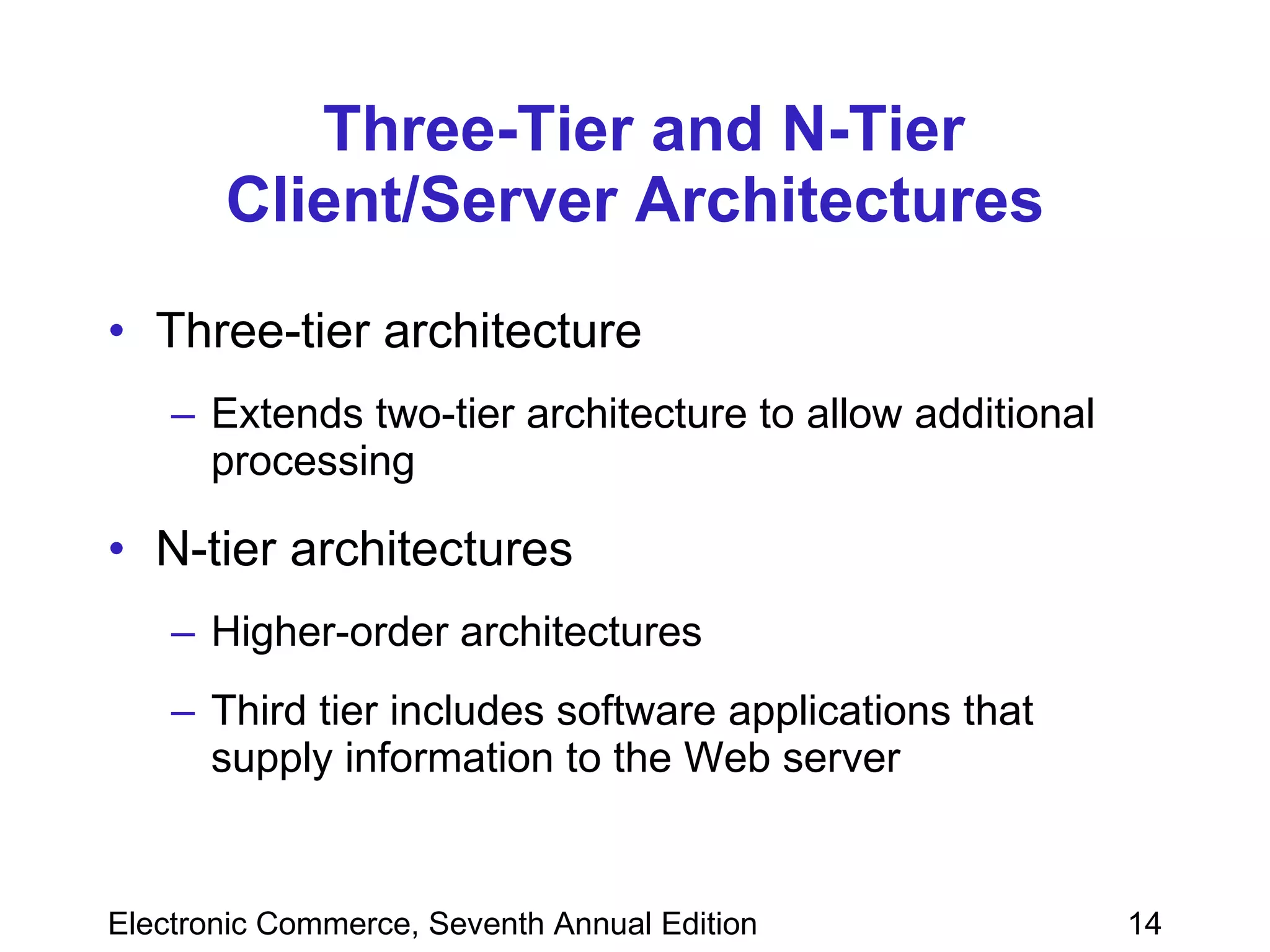 Three-Tier and N-Tier Client/Server Architectures Three-tier architecture Extends two-tier architecture to allow additional processing N-tier architectures Higher-order architectures Third tier includes software applications that supply information to the Web server 
