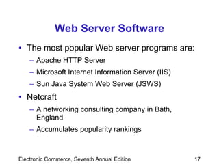 Web Server Software The most popular Web server programs are:  Apache HTTP Server Microsoft Internet Information Server (IIS) Sun Java System Web Server (JSWS)  Netcraft A networking consulting company in Bath, England Accumulates popularity rankings 