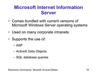Microsoft Internet Information Server Comes bundled with current versions of Microsoft Windows Server operating systems Used on many corporate intranets Supports the use of: ASP ActiveX Data Objects SQL database queries 