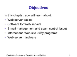 Objectives In this chapter, you will learn about: Web server basics Software for Web servers E-mail management and spam control issues Internet and Web site utility programs Web server hardware 