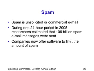 Spam Spam is unsolicited or commercial e-mail During one 24-hour period in 2005 researchers estimated that 106 billion spam e-mail messages were sent Companies now offer software to limit the amount of spam  
