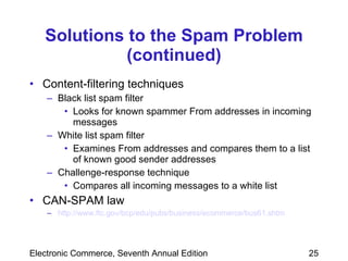 Solutions to the Spam Problem (continued) Content-filtering techniques Black list spam filter Looks for known spammer From addresses in incoming messages  White list spam filter   Examines From addresses and compares them to a list of known good sender addresses Challenge-response technique Compares all incoming messages to a white list CAN-SPAM law http://www.ftc.gov/bcp/edu/pubs/business/ecommerce/bus61.shtm 