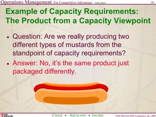 Operations Management For Competitive Advantage
©The McGraw-Hill Companies, Inc., 2001
CHASE AQUILANO JACOBS
ninth edition 16
Example of Capacity Requirements:
The Product from a Capacity Viewpoint
 Question: Are we really producing two
different types of mustards from the
standpoint of capacity requirements?
 Answer: No, it’s the same product just
packaged differently.
 