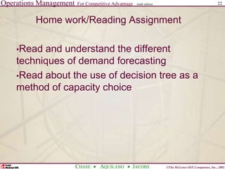 Operations Management For Competitive Advantage
©The McGraw-Hill Companies, Inc., 2001
CHASE AQUILANO JACOBS
ninth edition 22
Home work/Reading Assignment
•Read and understand the different
techniques of demand forecasting
•Read about the use of decision tree as a
method of capacity choice
 