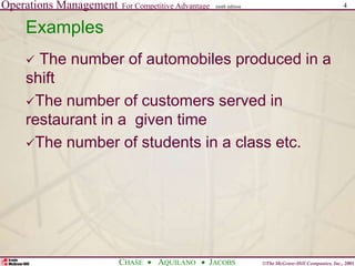 Operations Management For Competitive Advantage
©The McGraw-Hill Companies, Inc., 2001
CHASE AQUILANO JACOBS
ninth edition 4
Examples
 The number of automobiles produced in a
shift
The number of customers served in
restaurant in a given time
The number of students in a class etc.
 