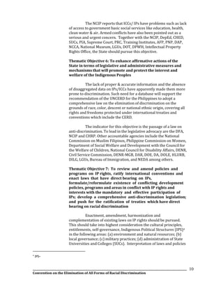__________________________________________________________________________________________________________________
Convention on the Elimination of All Forms of Racial Discrimination
10
The NCIP reports that ICCs/ IPs have problems such as lack
of access to government basic social services like education, health,
clean water & air. Armed conflicts have also been pointed out as a
serious and urgent concern. Together with the NCIP, DepEd, CHED,
SUCs, PIA, Supreme Court, PRC, Training Institutes, AFP, PNP, DAP,
NCCA, National Museum, LGUs, DOT, DPWH, Intellectual Property
Rights Office, the State should pursue this objective.
Thematic Objective 6: To enhance affirmative actions of the
State in terms of legislative and administrative measures and
mechanisms that will promote and protect the interest and
welfare of the Indigenous Peoples
The lack of proper & accurate information and the absence
of disaggregated data on IPs/ICCs have apparently made them more
prone to discrimination. Such need for a database will support the
recommendation of the UNCERD for the Philippines to adopt a
comprehensive law on the elimination of discrimination on the
grounds of race, color, descent or national ethnic origin, covering all
rights and freedoms protected under international treaties and
conventions which include the CERD.
The indicator for this objective is the passage of a law on
anti-discrimination. To lead in the legislative advocacy are the DFA,
NCIP and CHRP. Other accountable agencies include the National
Commission on Muslim Filipinos, Philippine Commission on Women,
Department of Social Welfare and Development with the Council for
the Welfare of Children, National Council for Disability Affairs, DENR,
Civil Service Commission, DENR-MGB, DAR, DOE, DA, DOLE, HLURB,
DILG, LGUs, Bureau of Immigration, and NEDA among others.
Thematic Objective 7: To review and amend policies and
programs on IP rights, ratify international conventions and
enact laws that have direct bearing on IPs,
formulate/reformulate existence of conflicting development
policies, programs and areas in conflict with IP rights and
interests with the mandatory and effective participation of
IPs; develop a comprehensive anti-discrimination legislation;
and push for the ratification of treaties which have direct
bearing on racial discrimination
Enactment, amendment, harmonization and
complementation of existing laws on IP rights should be pursued.
This should take into highest consideration the cultural principles,
entitlements, self-governance, Indigenous Political Structures (IPS)4
in the following areas: (a) environment and natural resources; (b)
local governance; (c) military practices; (d) administration of State
Universities and Colleges (SUCs). Interpretation of laws and policies
4
IPS-
 
