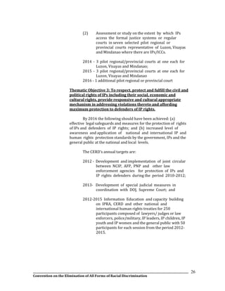 __________________________________________________________________________________________________________________
Convention on the Elimination of All Forms of Racial Discrimination
26
(2) Assessment or study on the extent by which IPs
access the formal justice systems or regular
courts in seven selected pilot regional or
provincial courts representative of Luzon, Visayas
and Mindanao where there are IPs/ICCs.
2014 - 3 pilot regional/provincial courts at one each for
Luzon, Visayas and Mindanao;
2015 - 3 pilot regional/provincial courts at one each for
Luzon, Visayas and Mindanao
2016 - 1 additional pilot regional or provincial court
Thematic Objective 3: To respect, protect and fulfill the civil and
political rights of IPs including their social, economic and
cultural rights, provide responsive and cultural appropriate
mechanism in addressing violations thereto and affording
maximum protection to defenders of IP rights.
By 2016 the following should have been achieved: (a)
effective legal safeguards and measures for the protection of rights
of IPs and defenders of IP rights; and (b) increased level of
awareness and application of national and international IP and
human rights protection standards by the government, IPs and the
general public at the national and local levels.
The CERD’s annual targets are:
2012 - Development and implementation of joint circular
between NCIP, AFP, PNP and other law
enforcement agencies for protection of IPs and
IP rights defenders during the period 2010-2012;
2013- Development of special judicial measures in
coordination with DOJ, Supreme Court; and
2012-2015 Information Education and capacity building
on IPRA, CERD and other national and
international human rights treaties for 250
participants composed of lawyers/ judges or law
enforcers, police/military, IP leaders, IP children, IP
youth and IP women and the general public with 50
participants for each session from the period 2012-
2015.
 