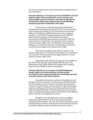 __________________________________________________________________________________________________________________
Convention on the Elimination of All Forms of Racial Discrimination
8
of cultural sensitivity issues in the interpretation and application of
laws and policies.
Thematic Objective 3: To respect, protect and fulfill the civil and
political rights of IPs including their social, economic and
cultural rights, provide responsive and cultural appropriate
mechanism in addressing violations thereto and affording
maximum protection to defenders of IP rights.
The provision of culturally appropriate institutional
arrangements and mechanisms to protect the IPs is envisioned as a
major consideration. Relative to this, the Commission on Human
Rights of the Philippines (CHRP) alone does not have adequate
mandate. As part of the Philippine obligation to the CERD, the
United Nations Committee on the Elimination of Racial
Discrimination (UNCERD) appreciates the work of the CHRP but
observed that its mandate does not explicitly include economic,
social and cultural rights. Thus, the UNCERD recommended the
Philippines to include the protection and promotion of economic,
social and cultural rights in the mandate of the CHRP.
The indicators aligned to this objective include: 1) the
number and proportion of resolved human rights cases involving IPs
and, 2) number of documented human rights violations of social,
cultural, economic rights of IPs.
Under this specific objective, the agencies accountable are
the CHRP, NCIP, DND, AFP, DILG, NAPOLCOM, PNP, LGUs, DOJ,
Ombudsman, PAO, OPAPP, DENR, CHED, DepEd, SUCs, Congress,
Supreme Court, COMELEC, NCCA, among others.
Thematic Objective 4: To recognize and fulfill Indigenous
Peoples rights to self-determination, self-determined
development and recognizing indigenous knowledge and socio
economic, political and cultural systems.
Among the mechanisms to promote self-governance and
self-determination among IPs is the provision in the IPRA directing
that IP mandatory representatives be installed in local legislative
councils. To implement this, and to promote IPs right to participate
in decision making, the DILG has issued Memorandum Circular No.
2010-119 (dated 20 October 2010) directing all Local Government
Units on the Mandatory Representation of ICCs/IPs in Policy Making
Bodies and Other Local Legislative Councils.
Recognition of traditional justice and peace building
mechanisms and institutions of IPs is necessary towards the
realization of this objective. Towards this end, the identification and
institutionalization of these IP mechanisms and institutions towards
an interface with government mechanisms should be made. A
 