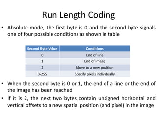 Run Length Coding
• Absolute mode, the first byte is 0 and the second byte signals
one of four possible conditions as shown in table
• When the second byte is 0 or 1, the end of a line or the end of
the image has been reached
• If it is 2, the next two bytes contain unsigned horizontal and
vertical offsets to a new spatial position (and pixel) in the image
Second Byte Value Conditions
0 End of line
1 End of image
2 Move to a new position
3-255 Specify pixels individually
 