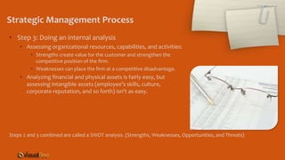 Strategic Management Process
• Step 3: Doing an internal analysis
• Assessing organizational resources, capabilities, and activities:
• Strengths create value for the customer and strengthen the
competitive position of the firm.
• Weaknesses can place the firm at a competitive disadvantage.
• Analyzing financial and physical assets is fairly easy, but
assessing intangible assets (employee’s skills, culture,
corporate reputation, and so forth) isn’t as easy.
Steps 2 and 3 combined are called a SWOT analysis. (Strengths, Weaknesses, Opportunities, and Threats)
 