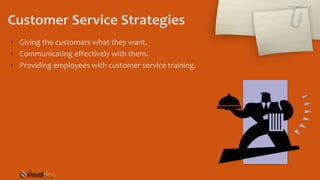 Customer Service Strategies
• Giving the customers what they want.
• Communicating effectively with them.
• Providing employees with customer service training.
 