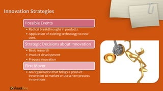 Possible Events
• Radical breakthroughs in products.
• Application of existing technology to new
uses.
Strategic Decisions about Innovation
• Basic research
• Product development
• Process innovation
First Mover
• An organization that brings a product
innovation to market or use a new process
innovations
Innovation Strategies
 