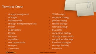 Terms to Know
• strategic management
• strategies
• business model
• strategic management process
• mission
• opportunities
• threats
• resources
• capabilities
• core competencies
• strengths
• weaknesses
• SWOT analysis
• corporate strategy
• growth strategy
• stability strategy
• renewal strategy
• BCG matrix
• competitive strategy
• strategic business units
• competitive advantage
• functional strategies
• strategic flexibility
• first mover
Powered by: shahroze | www.i4info.org 35
 