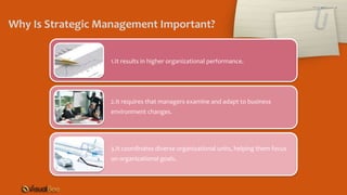 1.It results in higher organizational performance.
2.It requires that managers examine and adapt to business
environment changes.
3.It coordinates diverse organizational units, helping them focus
on organizational goals.
Why Is Strategic Management Important?
 