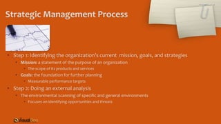 Strategic Management Process
• Step 1: Identifying the organization’s current mission, goals, and strategies
• Mission: a statement of the purpose of an organization
• The scope of its products and services
• Goals: the foundation for further planning
• Measurable performance targets
• Step 2: Doing an external analysis
• The environmental scanning of specific and general environments
• Focuses on identifying opportunities and threats
 