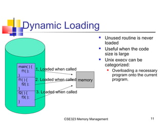 CSE323 Memory Management 11
Dynamic Loading
 Unused routine is never
loaded
 Useful when the code
size is large
 Unix execv can be
categorized:
 Overloading a necessary
program onto the current
program.
main( ) {
f1( );
}
f1( ) {
f2( );
}
f2( ) {
f3( );
}
memory
1. Loaded when called
2. Loaded when called
3. Loaded when called
 