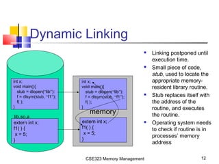 CSE323 Memory Management 12
Dynamic Linking
 Linking postponed until
execution time.
 Small piece of code,
stub, used to locate the
appropriate memory-
resident library routine.
 Stub replaces itself with
the address of the
routine, and executes
the routine.
 Operating system needs
to check if routine is in
processes’ memory
address
int x;
void main(){
stub = dlopen(“lib”):
f = dlsym(stub, “f1”);
f( );
}
extern int x;
f1( ) {
x = 5;
}
lib.so.a
memory
int x;
void main(){
stub = dlopen(“lib”):
f = dlsym(stub, “f1”);
f( );
}
extern int x;
f1( ) {
x = 5;
}
 