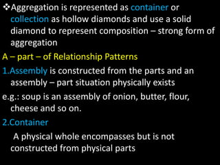Aggregation is represented as container or
collection as hollow diamonds and use a solid
diamond to represent composition – strong form of
aggregation
A – part – of Relationship Patterns
1.Assembly is constructed from the parts and an
assembly – part situation physically exists
e.g.: soup is an assembly of onion, butter, flour,
cheese and so on.
2.Container
A physical whole encompasses but is not
constructed from physical parts
 
