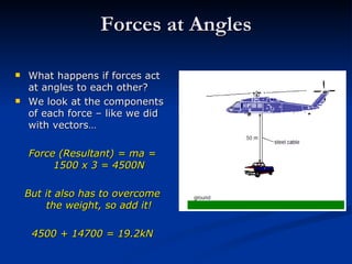 Forces at Angles What happens if forces act at angles to each other? We look at the components of each force – like we did with vectors… Force (Resultant) = ma = 1500 x 3 = 4500N But it also has to overcome the weight, so add it! 4500 + 14700 = 19.2kN 