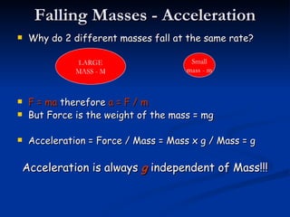 Falling Masses - Acceleration Why do 2 different masses fall at the same rate? F = ma  therefore  a = F / m But Force is the weight of the mass = mg Acceleration = Force / Mass = Mass x g / Mass = g Acceleration is always  g  independent of Mass!!! LARGE MASS - M Small mass - m 