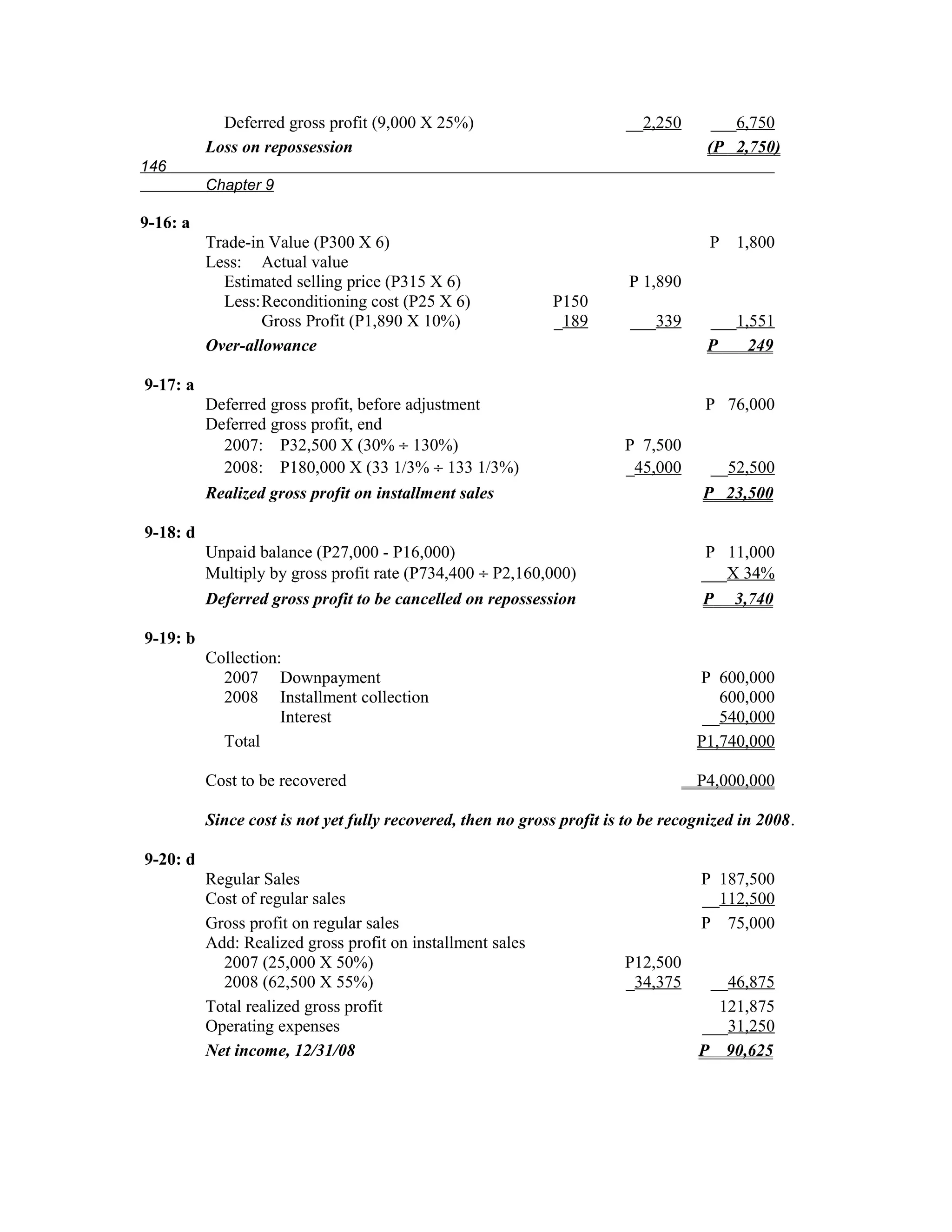 Deferred gross profit (9,000 X 25%)                         __2,250      ___6,750
          Loss on repossession                                                      (P 2,750)
146
          Chapter 9

9-16: a
          Trade-in Value (P300 X 6)                                                  P 1,800
          Less: Actual value
            Estimated selling price (P315 X 6)                           P 1,890
            Less:Reconditioning cost (P25 X 6)               P150
                  Gross Profit (P1,890 X 10%)                _189        ___339     ___1,551
          Over-allowance                                                            P    249

9-17: a
          Deferred gross profit, before adjustment                                  P 76,000
          Deferred gross profit, end
            2007: P32,500 X (30% ÷ 130%)                                P 7,500
            2008: P180,000 X (33 1/3% ÷ 133 1/3%)                       _45,000      __52,500
          Realized gross profit on installment sales                                P 23,500

9-18: d
          Unpaid balance (P27,000 - P16,000)                                        P 11,000
          Multiply by gross profit rate (P734,400 ÷ P2,160,000)                     ___X 34%
          Deferred gross profit to be cancelled on repossession                     P 3,740

9-19: b
          Collection:
            2007 Downpayment                                                       P 600,000
            2008 Installment collection                                               600,000
                     Interest                                                       __540,000
            Total                                                                  P1,740,000

          Cost to be recovered                                                     P4,000,000

          Since cost is not yet fully recovered, then no gross profit is to be recognized in 2008.

9-20: d
          Regular Sales                                                             P 187,500
          Cost of regular sales                                                     __112,500
          Gross profit on regular sales                                             P 75,000
          Add: Realized gross profit on installment sales
            2007 (25,000 X 50%)                                         P12,500
            2008 (62,500 X 55%)                                         _34,375     __46,875
          Total realized gross profit                                                121,875
          Operating expenses                                                       ___31,250
          Net income, 12/31/08                                                     P 90,625
 