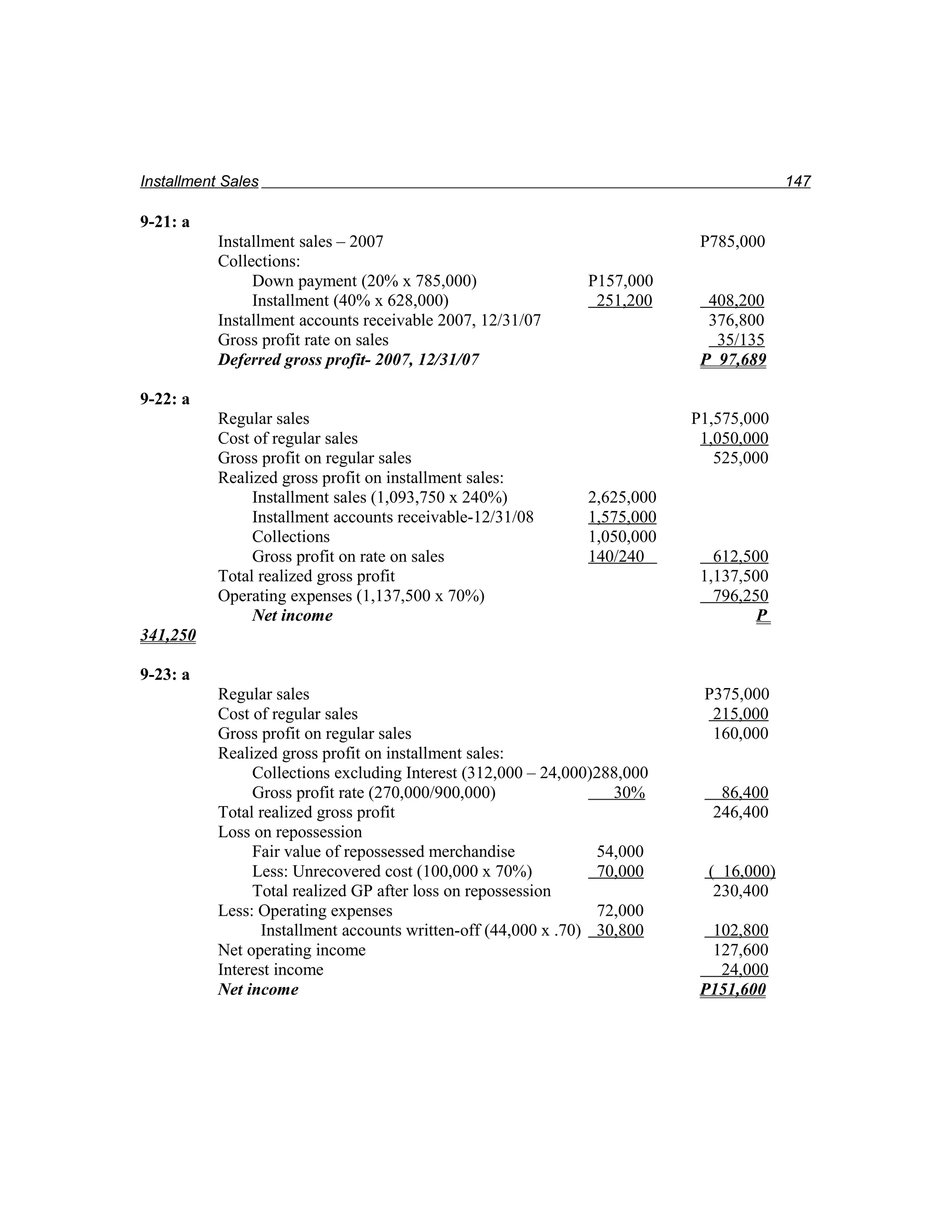 Installment Sales                                                                        147

9-21: a
           Installment sales – 2007                                         P785,000
           Collections:
                Down payment (20% x 785,000)                   P157,000
                Installment (40% x 628,000)                     251,200      408,200
           Installment accounts receivable 2007, 12/31/07                    376,800
           Gross profit rate on sales                                         35/135
           Deferred gross profit- 2007, 12/31/07                            P 97,689

9-22: a
           Regular sales                                                   P1,575,000
           Cost of regular sales                                            1,050,000
           Gross profit on regular sales                                      525,000
           Realized gross profit on installment sales:
                Installment sales (1,093,750 x 240%)           2,625,000
                Installment accounts receivable-12/31/08       1,575,000
                Collections                                    1,050,000
                Gross profit on rate on sales                  140/240        612,500
           Total realized gross profit                                      1,137,500
           Operating expenses (1,137,500 x 70%)                               796,250
                Net income                                                          P
341,250

9-23: a
           Regular sales                                                    P375,000
           Cost of regular sales                                             215,000
           Gross profit on regular sales                                     160,000
           Realized gross profit on installment sales:
                Collections excluding Interest (312,000 – 24,000)288,000
                Gross profit rate (270,000/900,000)                30%        86,400
           Total realized gross profit                                       246,400
           Loss on repossession
                Fair value of repossessed merchandise            54,000
                Less: Unrecovered cost (100,000 x 70%)           70,000      ( 16,000)
                Total realized GP after loss on repossession                  230,400
           Less: Operating expenses                              72,000
                 Installment accounts written-off (44,000 x .70) 30,800      102,800
           Net operating income                                              127,600
           Interest income                                                    24,000
           Net income                                                       P151,600
 