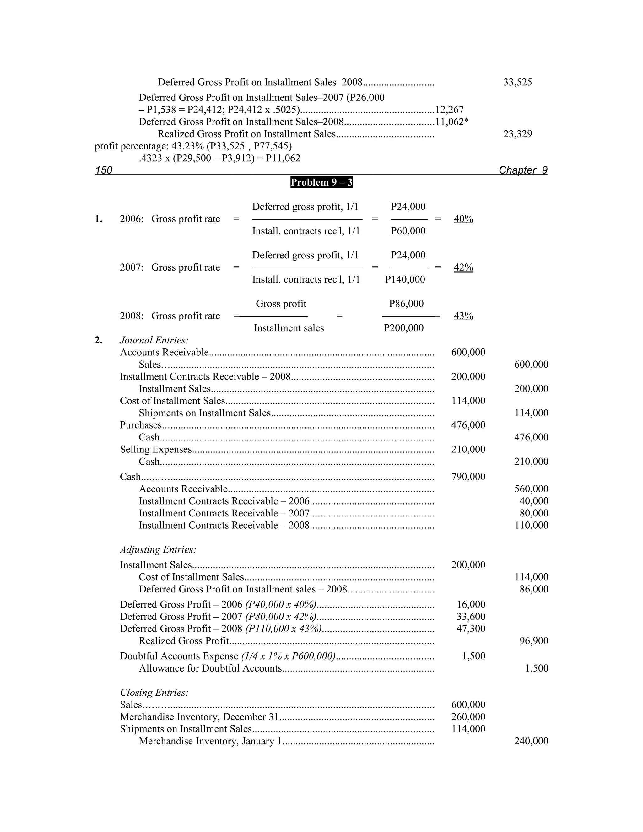 Deferred Gross Profit on Installment Sales–2008...........................                                             33,525
           Deferred Gross Profit on Installment Sales–2007 (P26,000
           – P1,538 = P24,412; P24,412 x .5025)...................................................12,267
           Deferred Gross Profit on Installment Sales–2008..................................11,062*
               Realized Gross Profit on Installment Sales.....................................                                        23,329
profit percentage: 43.23% (P33,525 ¸ P77,545)
           .4323 x (P29,500 – P3,912) = P11,062
150                                                                                                                                   Chapter 9
                                               Problem 9 – 3

                                                      Deferred gross profit, 1/1                         P24,000
1.     2006: Gross profit rate                  =     ––––––––––––––––––––– =                            ––––––– =          40%
                                                      Install. contracts rec'l, 1/1                      P60,000

                                                      Deferred gross profit, 1/1     P24,000
       2007: Gross profit rate                  =     ––––––––––––––––––––– = ––––––– =                                     42%
                                                      Install. contracts rec'l, 1/1 P140,000

                                                     Gross profit                                     P86,000
       2008: Gross profit rate                  =–––––––––––––                       =               ––––––––––=            43%
                                                    Installment sales                                P200,000
2.     Journal Entries:
       Accounts Receivable......................................................................................            600,000
            Sales.......................................................................................................                600,000
       Installment Contracts Receivable – 2008......................................................                        200,000
            Installment Sales.....................................................................................                      200,000
       Cost of Installment Sales...............................................................................             114,000
            Shipments on Installment Sales..............................................................                                114,000
       Purchases.......................................................................................................     476,000
            Cash........................................................................................................                476,000
       Selling Expenses............................................................................................         210,000
            Cash........................................................................................................                210,000
       Cash..............................................................................................................   790,000
            Accounts Receivable..............................................................................                           560,000
            Installment Contracts Receivable – 2006...............................................                                       40,000
            Installment Contracts Receivable – 2007...............................................                                       80,000
            Installment Contracts Receivable – 2008...............................................                                      110,000

       Adjusting Entries:
       Installment Sales............................................................................................        200,000
            Cost of Installment Sales........................................................................                           114,000
            Deferred Gross Profit on Installment sales – 2008.................................                                           86,000
       Deferred Gross Profit – 2006 (P40,000 x 40%).............................................                             16,000
       Deferred Gross Profit – 2007 (P80,000 x 42%).............................................                             33,600
       Deferred Gross Profit – 2008 (P110,000 x 43%)...........................................                              47,300
            Realized Gross Profit..............................................................................                          96,900
       Doubtful Accounts Expense (1/4 x 1% x P600,000).....................................                                   1,500
            Allowance for Doubtful Accounts..........................................................                                     1,500

       Closing Entries:
       Sales.............................................................................................................   600,000
       Merchandise Inventory, December 31...........................................................                        260,000
       Shipments on Installment Sales.....................................................................                  114,000
           Merchandise Inventory, January 1..........................................................                                   240,000
 