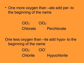 One more oxygen than –ate add per- to the beginning of the name ClO 3 - ClO 4 - Chlorate Perchlorate One less oxygen than –ite add hypo- to the beginning of the name ClO 2 - ClO - Chlorite Hypochlorite 