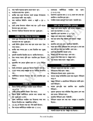 Pro with Swadhin
5. Avq c×wZ Abymv‡i g~jab †_‡K Av‡mÑ my`|
6. msMV‡bi cÖvß AvqÑ gybvdv|
7. RvZxq Avq n‡jv Drcv`b Kv‡h© e¨eüZ DcKi‡Yi
cÖvß Av‡qi mgwóÑ Avq c×wZ|
8. Avq c×wZ‡Z wRwWwcÑ LvRbv + gRywi + my` +
gybvdv|
9. ‡gvU †`kR Drcv`b cwigvc Kiv nqÑ 15wU Lv‡Zi
Drcv`b g~j¨ †hvM K‡i|
10. Drcv`b c×wZ‡Z we‡ePbvq Avbv nqÑ P~ovšÍ `ªe¨|
mvgwMÖK Avq cwigv‡ci mgm¨vmg~n
1. ‡hme `ªe¨ Drcv`‡bi ci mivmwi †fv‡M e¨eüZ nq
Zv‡`i‡K ejv nqÑ P~ovšÍ `ªe¨|
2. GKB wRwbm `yBevi MYbv Kiv n‡j Zv‡K e‡jÑ ˆØZ
MYbv mgm¨v|
3. RvZxq Avq MYbvq `ªe¨ I †mev we‡ewPZ nqÑ P~ovšÍ
ch©v‡qi|
4. g~jabx jvfÿwZ we‡ewPZ nq bvÑ RvZxq Drcv`‡b|
5. ‰ØZ MYbvq mgm¨v m„wó n‡eÑ gva¨wgK `ªe¨ we‡ePbv
Ki‡j|
6. hy×Kvjxb FY †Kv‡bv f~wgKv iv‡L bvÑ GNI wbY©‡qi
†ÿ‡Î|
7. ‰Zwi †cvkvK‡KÑ PzovšÍ `ªe¨ wn‡m‡e we‡ePbv Kiv nq|
8. GDP MYbvi †ÿ‡Î AšÍf©~³ nq bvÑ AZx‡Z Drcvw`Z
cY¨|
9. A_©bxwZ‡Z gq`v‡K we‡ePbv Kiv nqÑ gva¨wgK `ªe¨
wn‡m‡e|
mvgwMÖK e¨q
1. wØLvZ wewkó A_©bxwZ‡Z mvgwMÖK e¨‡qi mgxKiYÑ
AE=C+I
2. GKwU †`‡ki A_©bxwZ wef³Ñ wZb Lv‡Z|
3. wØLvZ wewkó A_©bxwZ‡Z †fv‡Mi Rb¨ e¨envi Kiv
nqÑ P~ovšÍ `ªe¨ I †mev|
4. ‡Lvjv A_©bxwZ‡Z mvgwMÖK e¨q we‡ePbvi mgq LvZ
wn‡m‡e we‡ewPZ nqÑ AvšÍR©vwZK evwYR¨|
5. (X-M) †K we‡ePbv Kiv nqÑ wbU ißvwb wn‡m‡e|
6. wZb Lv‡Zi A_©bxwZ‡Z mvgwMÖK e¨qÑ C+I+G
7. PviLv‡Zi A_©bxwZ‡Z mvgwMÖK e¨q n‡jvÑ
C+I+G+NX
8. ‰ØZMYbv Gov‡bvi Rb¨ C+I+G †_‡K ev` †`qv nqÑ
cÖv_wgK I gva¨wgK `ªe¨ g~j¨|
9. mvgwMÖK e¨‡qi ¸iæZ¡c~Y© Ask n‡jvÑ miKvwi e¨q|
‡fvM e¨q I Z`m¤úwK©Z †iLvmg~n
1. ¯^q¤¢~Z †fvM †iLvi AvK…wZÑ f~wg A‡ÿi mgvšÍivj|
2. ‡fvM e¨q A‡cÿKÑ C=/(Y)
3. ¯^íKvjxb †fvM A‡cÿKÑ C=a + dY.
4. ¯^q¤¢~Z †fvM eRvq _v‡KÑ ¯^íKv‡j|
5. Avq k~b¨ n‡jI wKQz cwigvY †fvM _vK‡eÑ ¯^q¤¢~Z
†fvM|
6. cÖ‡ivwPZ †fvM e¨q †iLvÑ Wvbw`‡K DaŸ©Mvgx|
8. gvbyl Zvi Pvwn`v †gUv‡bvi Rb¨ †hme `ªe¨ I †mev µq
K‡i A_© e¨q K‡i Zvi mgwóBÑ †fvM e¨q|
9. ‡fvM e¨q wbf©ikxjÑAv‡qj Ici|
10. Av‡qi †P‡q Kg nv‡i ev‡oÑ †fvM e¨q|
11. Av‡qi Ici wbf©i K‡i bvÑ ¯^q¤¢~Z ‡fvM|
12. k~b¨ Av‡qI eRvq _v‡KÑ ¯^q¤¢~Z †fvM|
wewb‡qvM e¨q
1. wewb‡qvM e¨q‡K fvM Kiv nqÑ 2 fv‡M|
2. wewb‡qv‡Mi wfwË n‡jvÑ mÂq|
3. wewb‡qv‡Mi D‡Ïk¨ n‡jvÑ gybvdv jvf|
4. Ab¨vb¨ Ae¯’v AcwiewZ©Z †Z‡K Avq evo‡jÑ wewb‡qvM
ev‡o|m
5. ¯^q¤¢~Z wewb‡qvM I cÖ‡ivwPZK wewb‡qv‡Mi mgwó n‡jvÑ
‡gvU wewb‡qvM|
6. Av‡qi n«vm-e„w× Øviv cÖfvweZ nqÑ cÖ‡ivwPZ
wewb‡qvM|
7. cyivZb g~ja‡bi mv‡_ AwZwi³ wKQz g~jab †hvM Kiv
n‡j Zv‡KÑ wewb‡qvM e‡j|
8. cÖ‡ivwPZ wewb‡qvM †iLvÑ DaŸ©Mvgx|
9. wewb‡qvM e¨q‡K fvM Kiv hvqÑ ¯^qùzZ I cÖ‡ivwPZ
wn‡m‡e|
miKvwi e¨q I mÂq
1. miKvwi e¨q‡K aiv nqÑ ¯^q¤¢~Z e¨q wn‡m‡e|
 