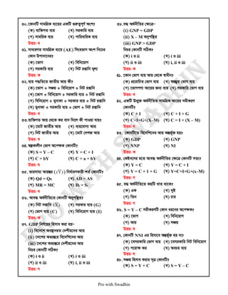 Pro with Swadhin
30.‡KvbwU mvgwMÖK e¨‡qi GKwU ¸iæZ¡c~Y© Ask?
(K) e¨w³MZ e¨q (L) miKvwi e¨q
(M) mvgwiK e¨q (N) cvwievwiK e¨q
DËi: L
31. mvaviYZ mvgwMÖK e¨‡q (AE) wmsnfvM Ask wb‡Pi
†Kvb Dcv`v‡bi?
(K) ‡fvM (L) wewb‡qvM
(M) miKvwi e¨q (N) wbU ißvwb g~j¨
DËi: K
32.e¨q c×wZ‡Z RvZxq Avq Kx?
(K) ‡fvM + mÂq + wewb‡qvM + wbU ißvwb
(L) ‡fvM + wewb‡qvM + miKvwi e¨q + wbU ißvwb
(M) wewb‡qvM + gybvdv + miKvi e¨q + wbU ißvwb
(N) gybvdv + miKvwi e¨q + †fvM + wbU ißvwb
DËi: L
33.e¨w³MZ Avq †_‡K Ki ev` w`‡j Kx cvIqv hvq?
(K) ‡gvU RvZxq Avq (L) e¨q‡hvM¨ Avq
(M) wbU RvZxq Avq (N) ‡gvU †`kR Avq
DËi: L
34. ¯^íKvjxb †fvM A‡cÿK †KvbwU?
(K) S = Y – C (L) Y = C + I
(M) C = bY (N) C = a + bY
DËi: N
35. fvimvg¨ Avq¯Íi ( )
Y
( ) wba©viYKvix kZ© †KvbwU?
(K) Qd = Qs (L) AD = AS
(M) MR = MC (N) Dt = St
DËi: L
36. Ave× A_©bxwZ‡Z †KvbwU Abycw¯’Z?
(K) wbU mßvwb )
X
( (L) miKvi e¨q (G)
(M) †fvM e¨q (C) (N) wewb‡qvM e¨q (I)
DËi: K
37. GDP wbY©‡qi wnmve Kiv nqÑ
(i) we‡`‡k Ae¯’vbiZ †`kxq‡`i Avq
(ii) ‡`‡ki Af¨šÍ‡i we‡`wk‡`i Avq
(iii) ‡`‡ki Af¨šÍ‡i †`kxq‡`i Avq
wbPi †KvbwU mwVK?
(K) i I ii (L) i I iii
(M) ii I iii (N) i, ii I iii
DËi: M
38.e× A_©bxwZi †ÿ‡ÎÑ
(i) GNP = GDP
(ii) X – M Abycw¯’Z
(iii) GNP > GDP
wbPi †KvbwU mwVK?
(K) i I ii (L) i I iii
(M) ii I iii (N) i, ii I iii
DËi: K
41. ‡Kvb †fvM e¨q Avq †_‡K ¯^vaxb?
(K) cÖ‡ivwPZ †fvM e¨q (L) ¯^q¤¢yZ †fvM e¨q
(M) ‡fvMcY¨ Av‡qi Rb¨ e¨q (N) miKvwi †fvM e¨q
DËi: L
42. GKwU Db¥y³ A_©bxwZZ mvgwMÖK Av‡qi mgxKiY
†KvbwU?
(K) C + I (L) C + I + G
(M) C+I+G+(X–M) (N) C = I + (X – M)
DËi: M
43. †KvbwU‡Z we‡`wk‡`i Avq AšÍf©~³ nq?
(K) GDP (L) GNP
(M) NNP (N) NI
DËi: K
44. †KBb‡mi g‡Z Ave× A_©bxwZi †ÿ‡Î †KvbwU mZ¨?
(K) Y = C (L) Y = C + I
(M) Y = C + 1 + G (N) Y=C+I+G+(x–M)
DËi: M
45. e× A_©bxwZ‡Z KqwU LvZ _v‡K?
(K) GK (L) `yB
(M) wZb (N) Pvi
DËi: M
46. S = Y – C mgxKiYwU †Kvb ai‡bi A‡cÿK?
(K) ‡fvM (L) wewb‡qvM
(M) Avq (N) mÂq
DËi: N
47. †KvbwU NNI Gi wnmv‡e AšÍf©~³ nq bv?
(K) ‡emiKvwi †fvM e¨q (L) ‡emiKvwi wbU wewb‡qvM
(M) c‡ivÿ Ki (N) AePq e¨q
DËi: N
48. mÂq wnmve Kivi m~Î †KvbwU?
(K) S = Y + C (L) S = Y – C
 
