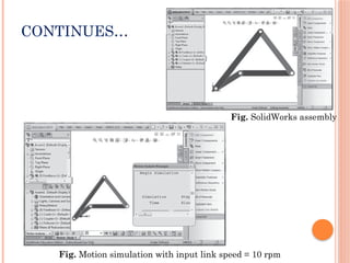 CONTINUES…
Fig. Motion simulation with input link speed = 10 rpm
Fig. SolidWorks assembly
 