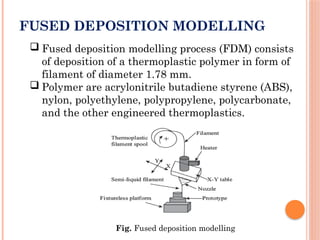 FUSED DEPOSITION MODELLING
 Fused deposition modelling process (FDM) consists
of deposition of a thermoplastic polymer in form of
filament of diameter 1.78 mm.
 Polymer are acrylonitrile butadiene styrene (ABS),
nylon, polyethylene, polypropylene, polycarbonate,
and the other engineered thermoplastics.
Fig. Fused deposition modelling
 