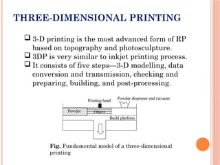 THREE-DIMENSIONAL PRINTING
 3-D printing is the most advanced form of RP
based on topography and photosculpture.
 3DP is very similar to inkjet printing process.
 It consists of five steps—3-D modelling, data
conversion and transmission, checking and
preparing, building, and post-processing.
Fig. Fundamental model of a three-dimensional
printing
 